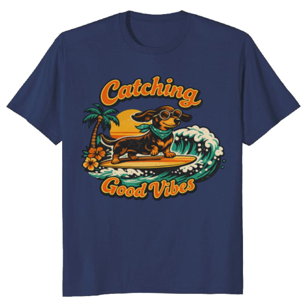 70s Surf Dachshund Graphic Tee Long Dog Longboard Retro Gifts for Men Women Boy Kids T-Shirt