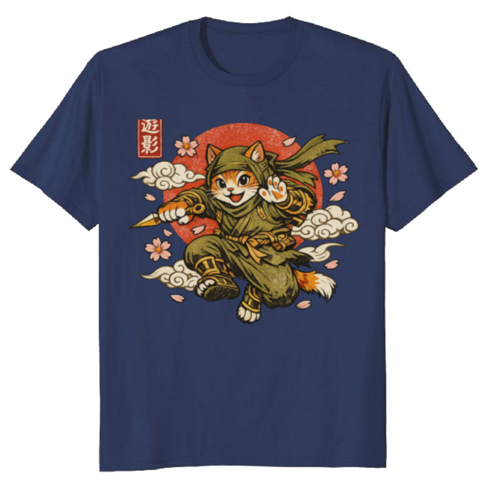 Ninja Cat Sakura Strike Vintage Japanese Graphic Whimsical Gifts for Men Women Boy Kids T-Shirt