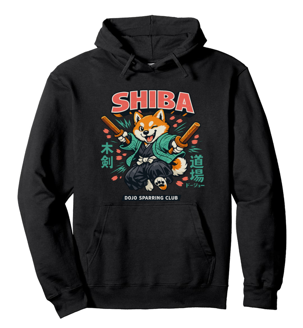 Shiba Samurai Bokken Sparring Hoodie Retro Anime Otaku Streetwear Playful Gifts for Men Women Boy Kids Pull Over Hoodie