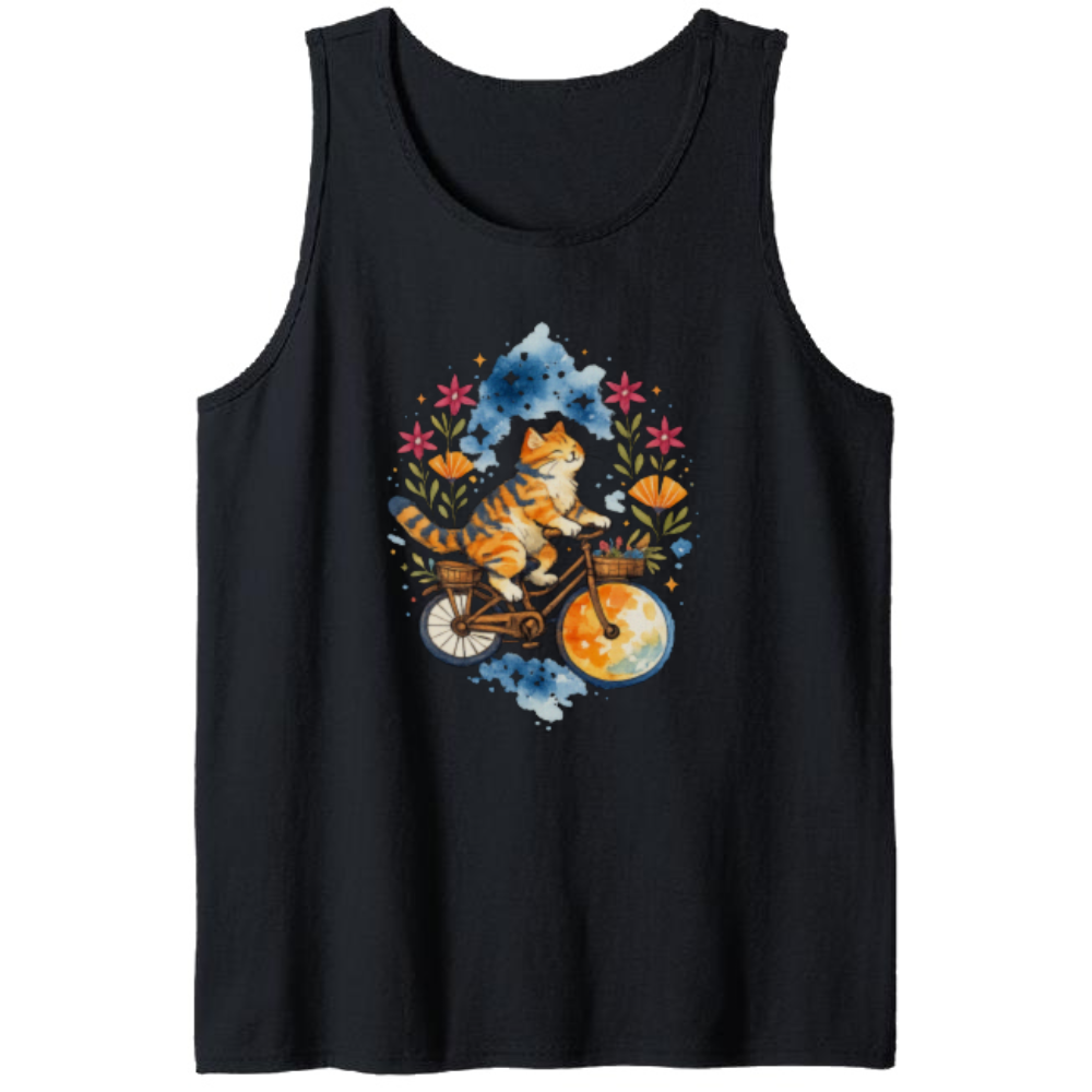 Watercolor Tabby Cat Moon Rider Tanktop Boho Celestial Tee Whimsical Gifts for Men Women Boy Kids Tanktop - Unisex