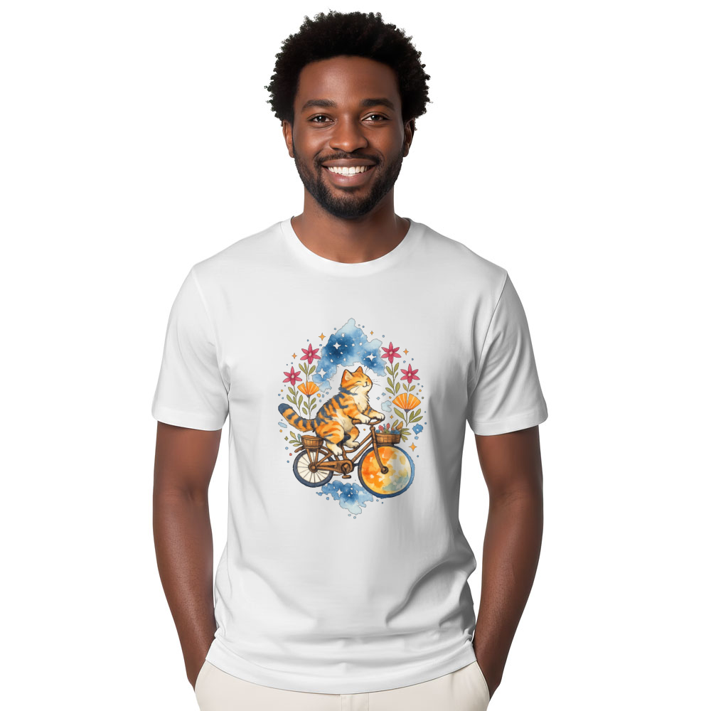 Celestial Tabby Moon Rider Tee Watercolor Folk Art Whimsical Gifts For Men Women Boy Kids T-Shirt
