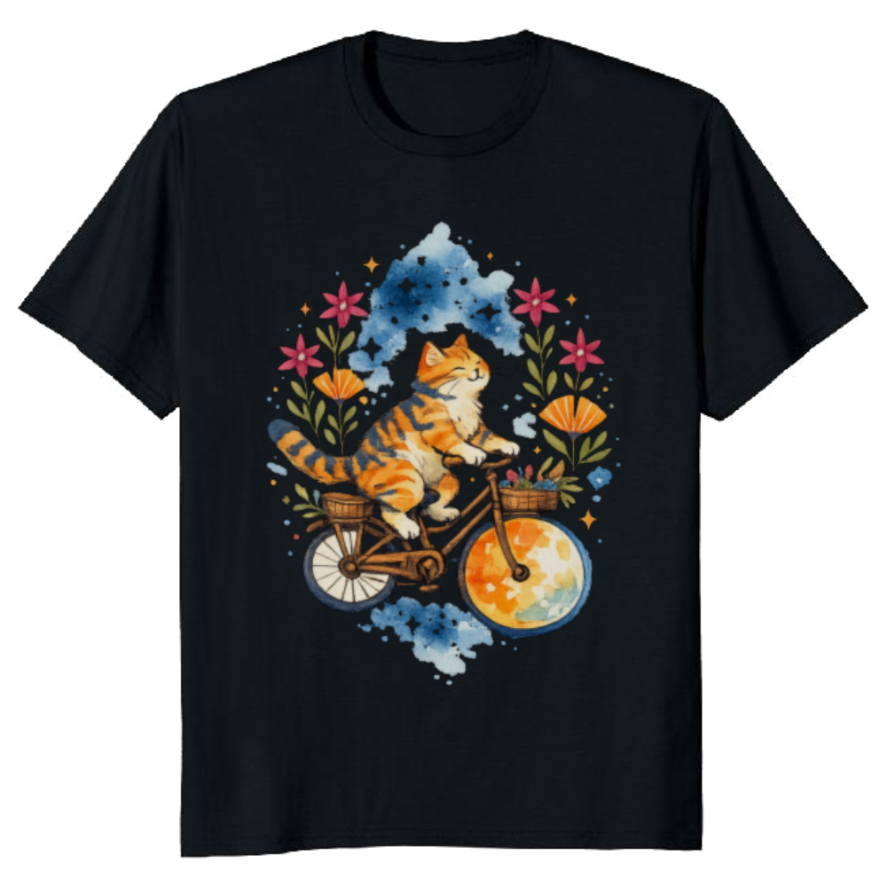 Celestial Tabby Moon Rider Tee Watercolor Folk Art Whimsical Gifts For Men Women Boy Kids T-Shirt