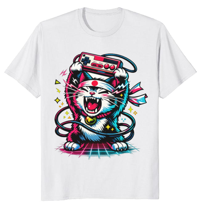 Neon Rage Retro Japanese Cat Arcade Design Energetic Gifts for Men Women Boy Kids T-Shirt