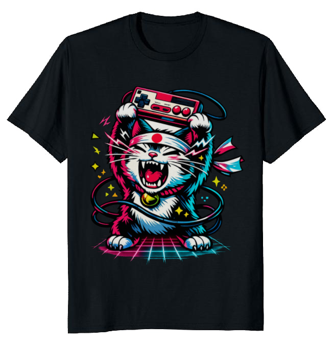 Neon Rage Retro Japanese Cat Arcade Design Energetic Gifts for Men Women Boy Kids T-Shirt