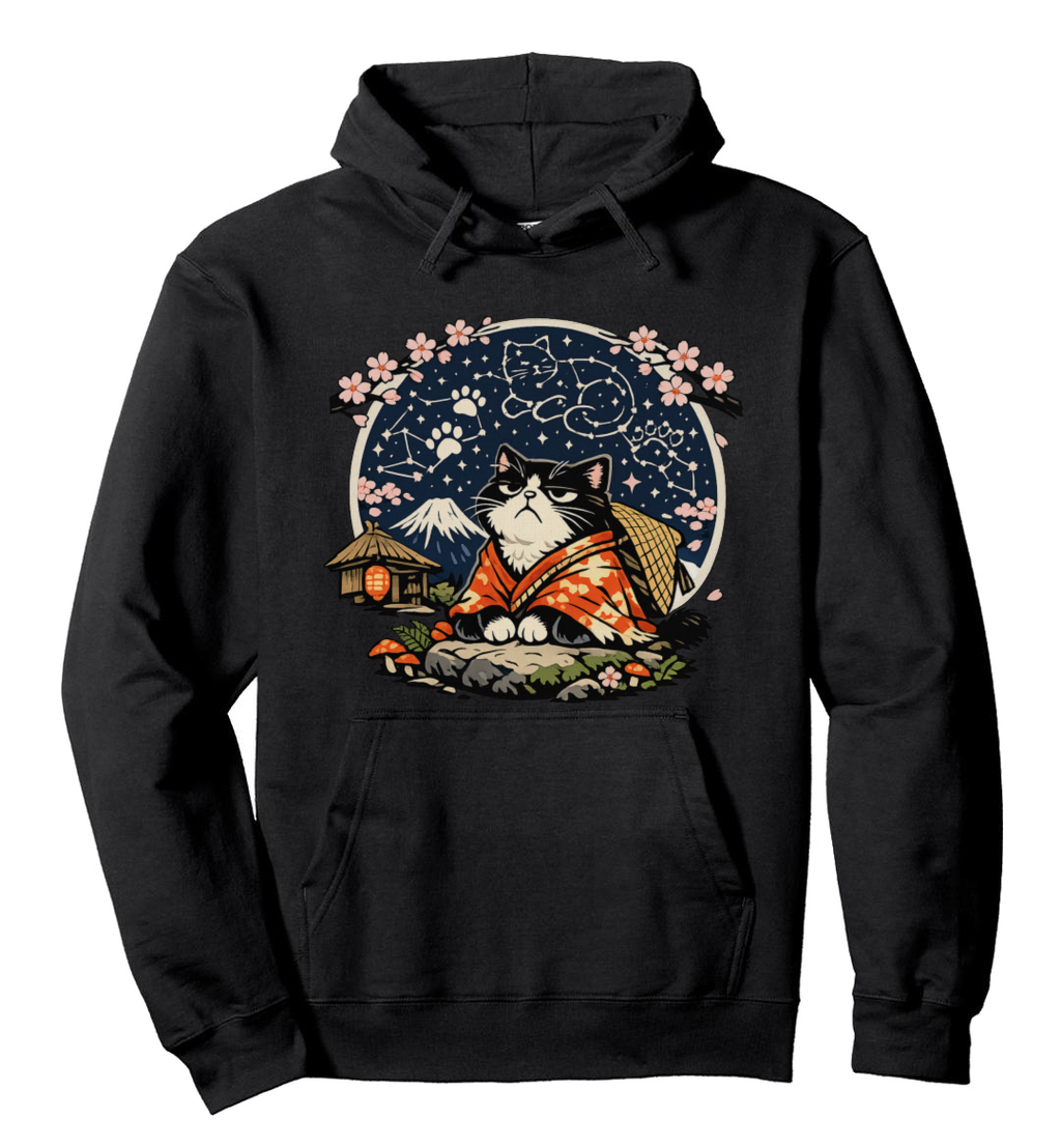 Ukiyo-e Grumpy Hermit Cat Pullover Hoodie Cozy Gifts for Men Women Boy Kids Pull over hoodie