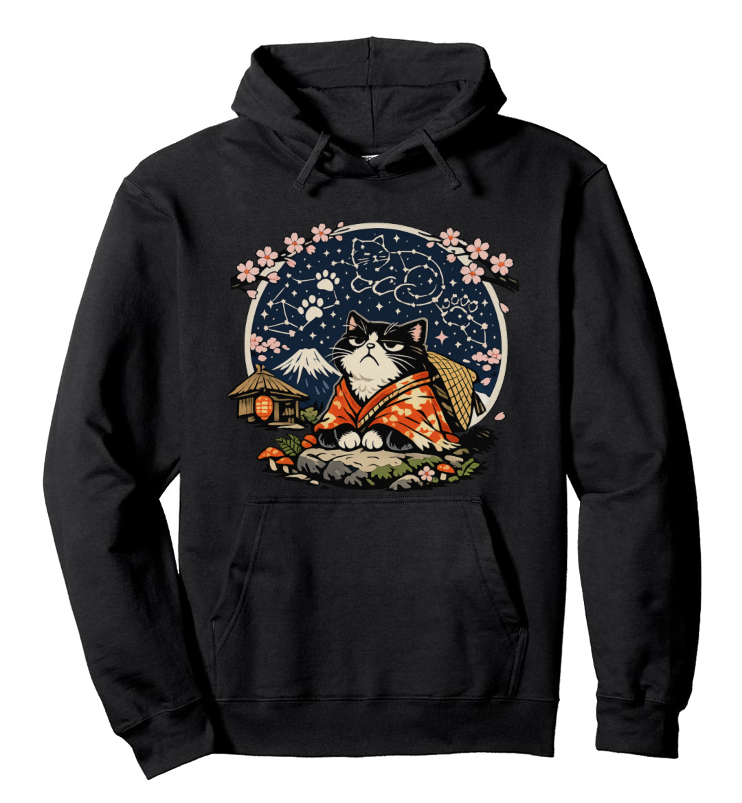 Ukiyo-e Grumpy Hermit Cat Pullover Hoodie Cozy Gifts for Men Women Boy Kids Pull over hoodie