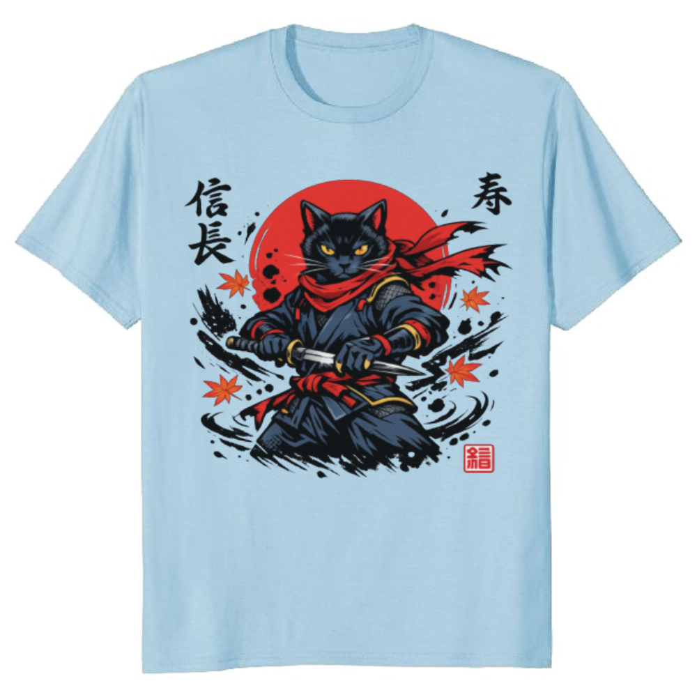Shadow Feline Ninja Cat Ukiyo-e Graphic Tee Rising Sun Navy Red Cool Gifts for Men Women Boy Kids T-Shirt