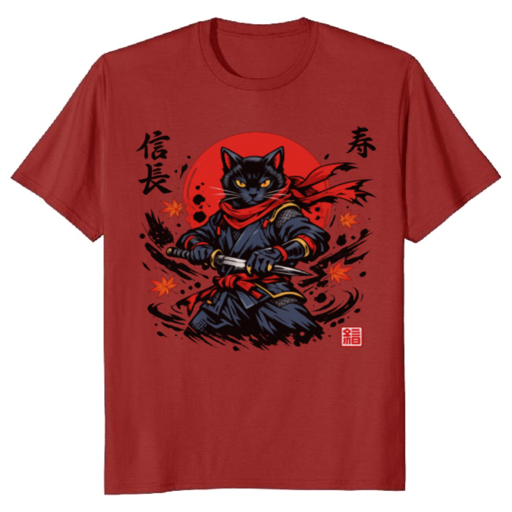 Shadow Feline Ninja Cat Ukiyo-e Graphic Tee Rising Sun Navy Red Cool Gifts for Men Women Boy Kids T-Shirt