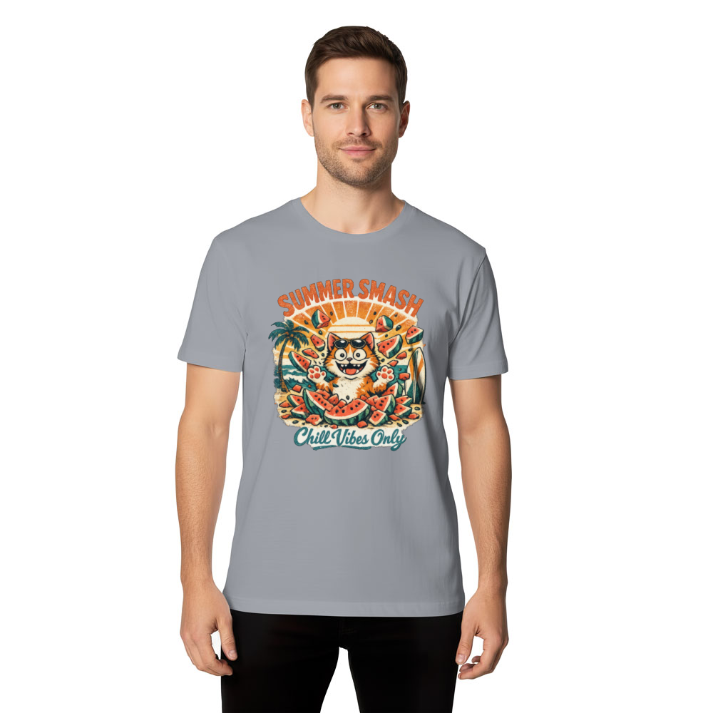 Summer Smash Retro Beach Cat Tee with Watermelon Explosion Funny Gifts for Men Women Boy Kids T-Shirt