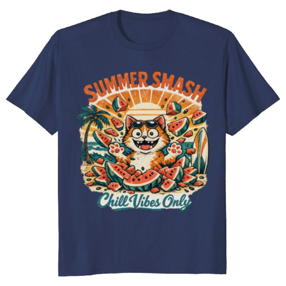 Summer Smash Retro Beach Cat Tee with Watermelon Explosion Funny Gifts for Men Women Boy Kids T-Shirt