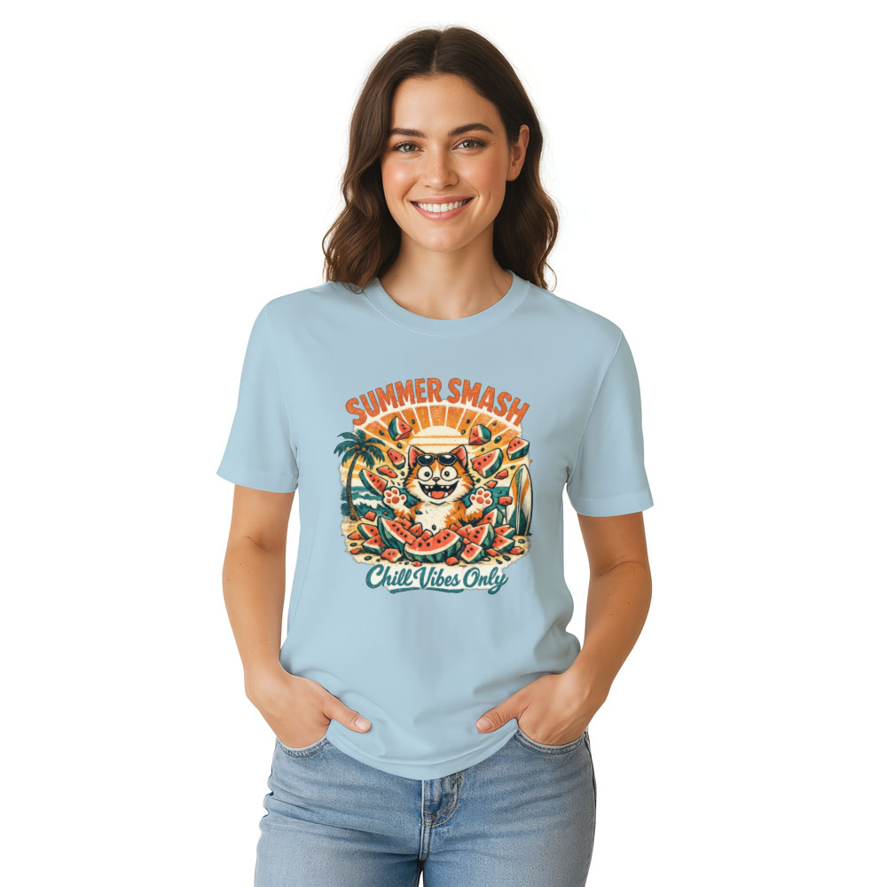 Summer Smash Retro Beach Cat Tee with Watermelon Explosion Funny Gifts for Men Women Boy Kids T-Shirt