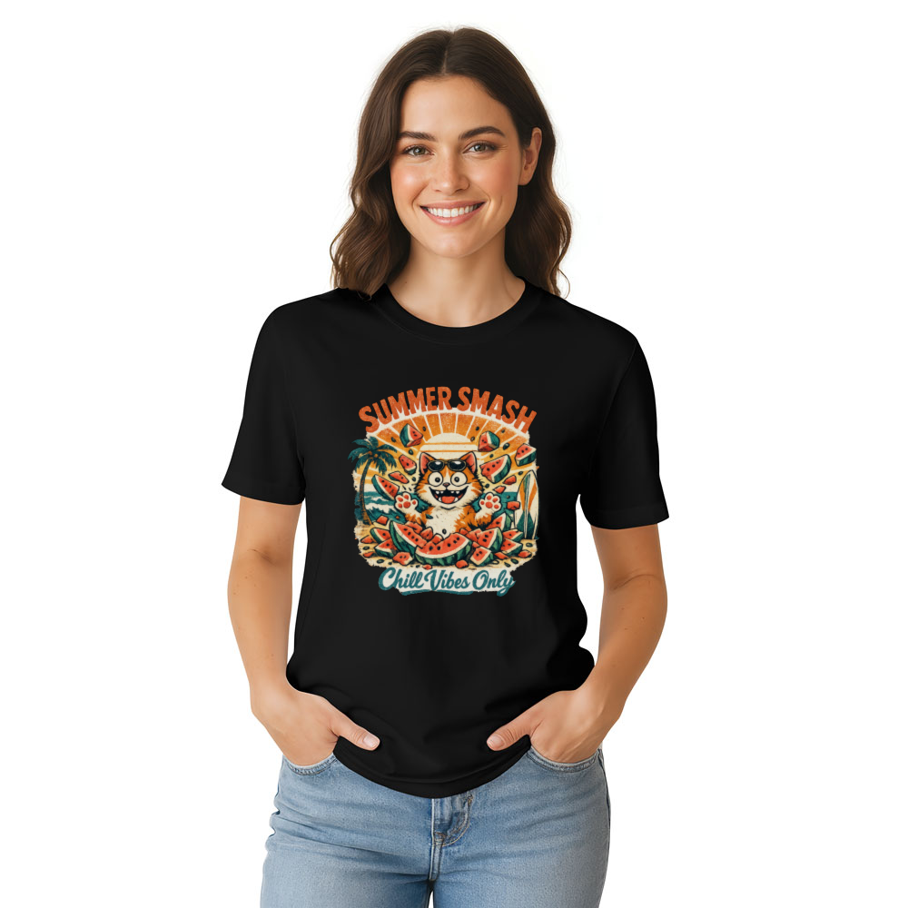 Summer Smash Retro Beach Cat Tee with Watermelon Explosion Funny Gifts for Men Women Boy Kids T-Shirt