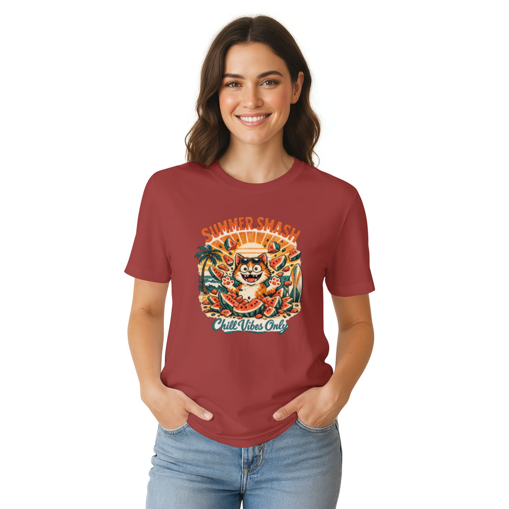 Summer Smash Retro Beach Cat Tee with Watermelon Explosion Funny Gifts for Men Women Boy Kids T-Shirt