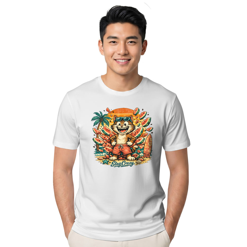 Retro Surf Watermelon Smash Cat T-Shirt Summer Beach Graphic Funny Gifts for Men Women Boy Kids T-Shirt