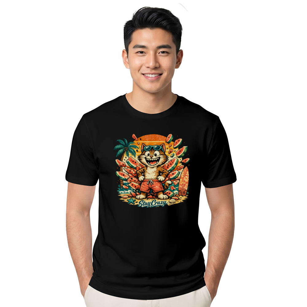 Retro Surf Watermelon Smash Cat T-Shirt Summer Beach Graphic Funny Gifts for Men Women Boy Kids T-Shirt