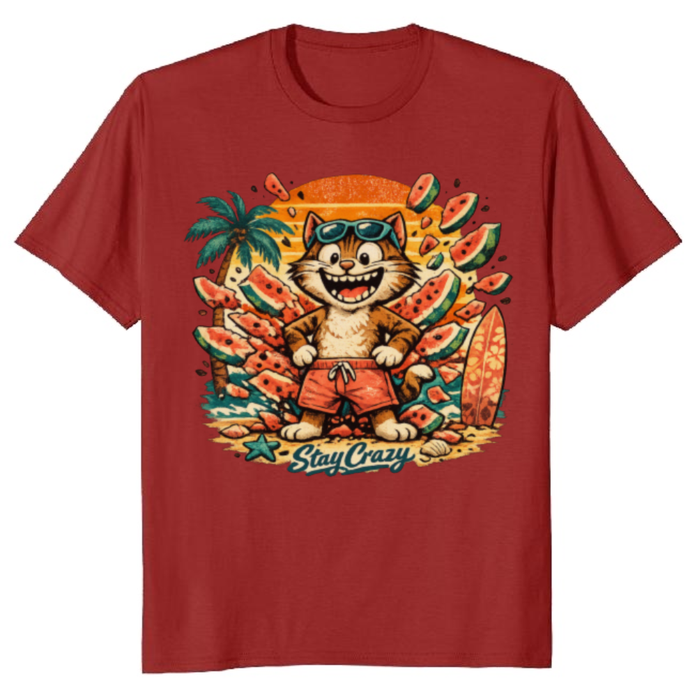 Retro Surf Watermelon Smash Cat T-Shirt Summer Beach Graphic Funny Gifts for Men Women Boy Kids T-Shirt