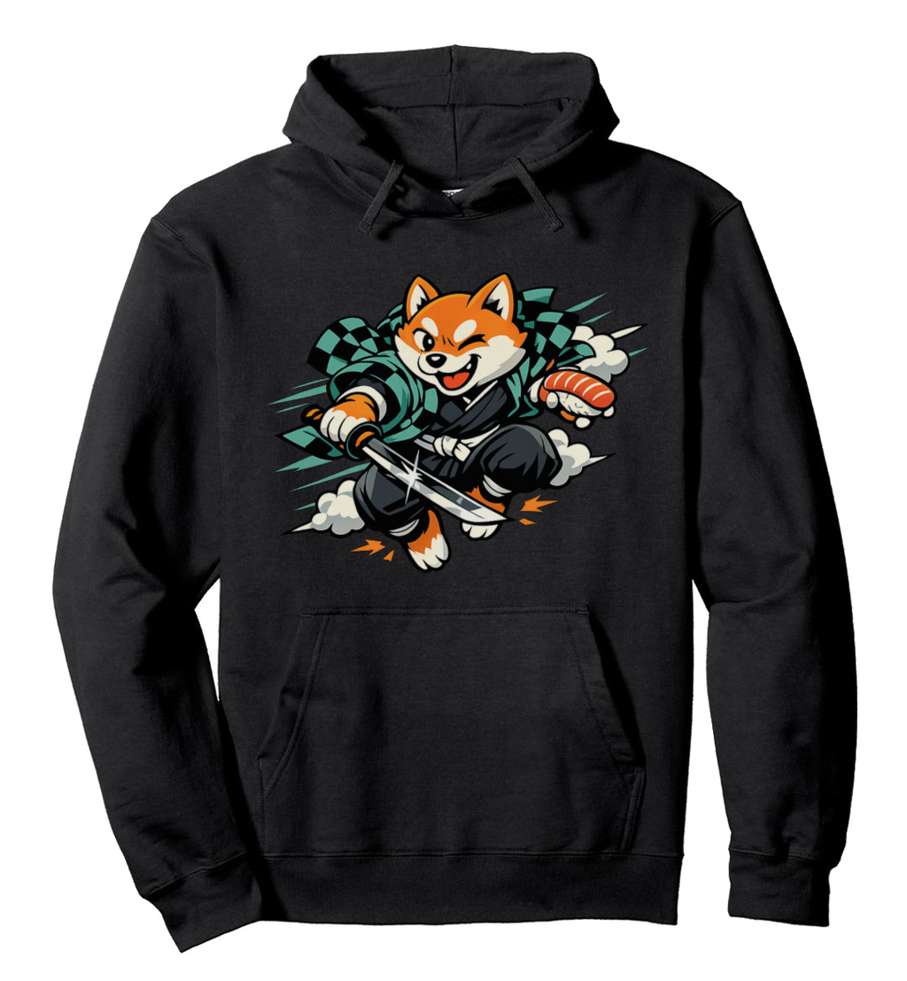 Shiba Samurai Hoodie Retro Anime Streetwear Playful Gifts for Men Women Boy Kids Pull Over Hoodie