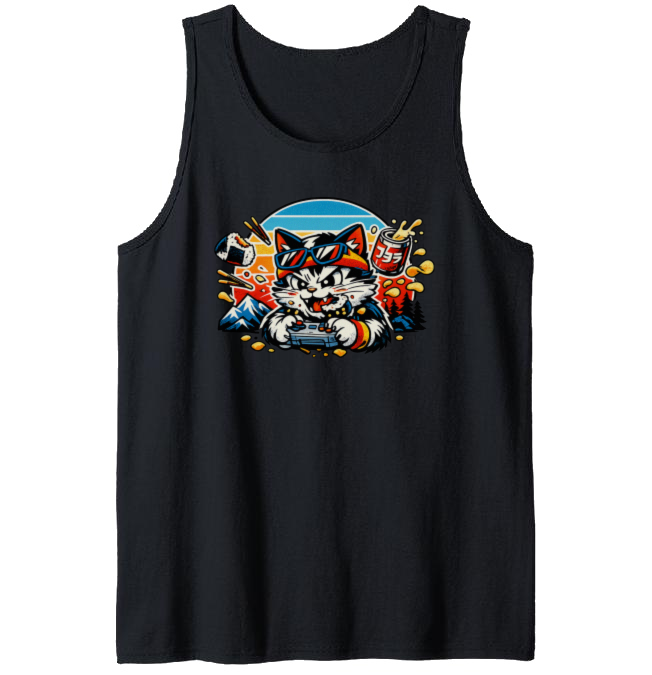 Retro Japanese Gamer Cat Tanktop Synthwave Snack Attack Playful Gifts for Men Women Boy Kids Tanktop - Unisex