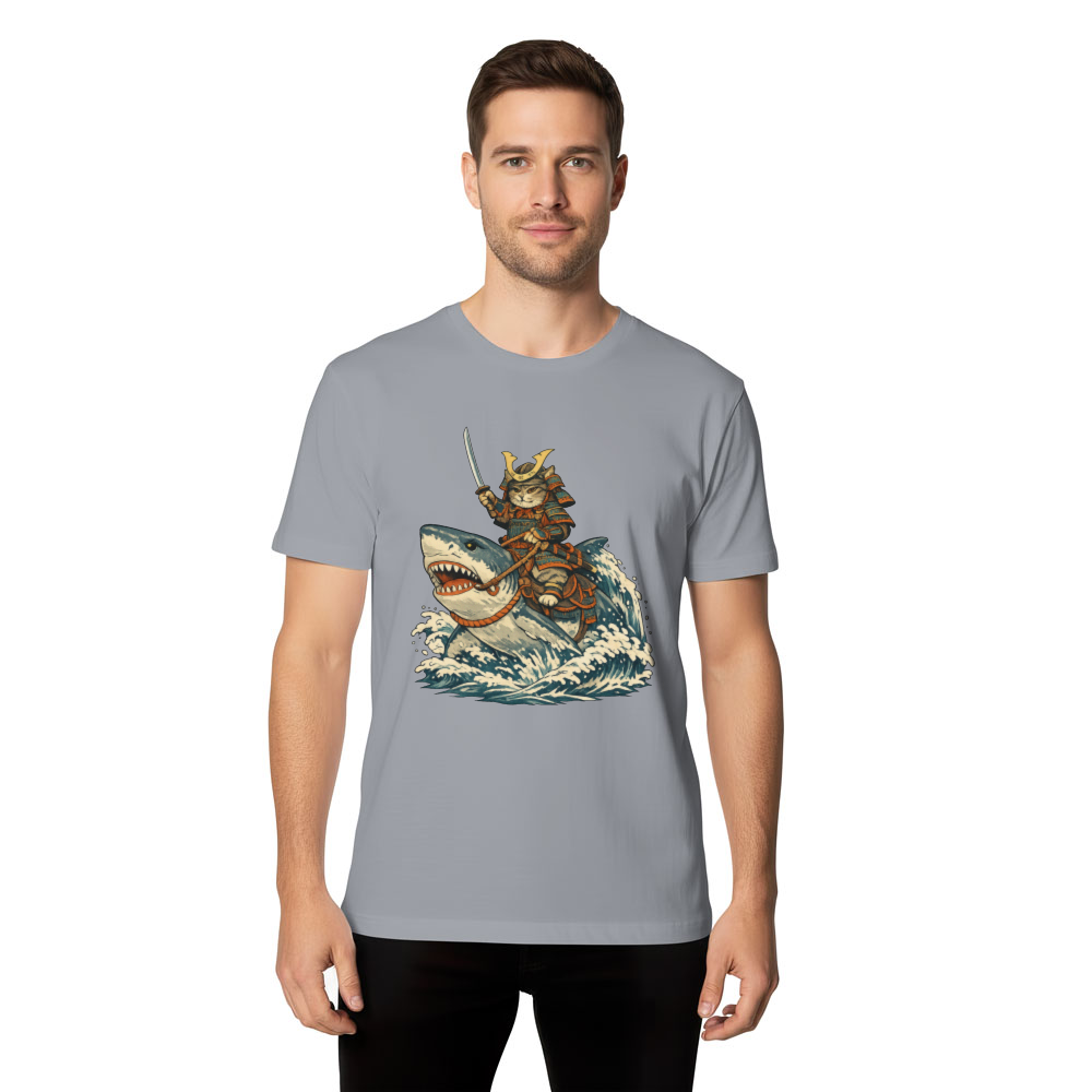 Shogun Cat Riding Shark Ukiyo-e Epic Gifts for Men Women Boy Kids T-Shirt