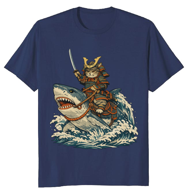 Shogun Cat Riding Shark Ukiyo-e Epic Gifts for Men Women Boy Kids T-Shirt