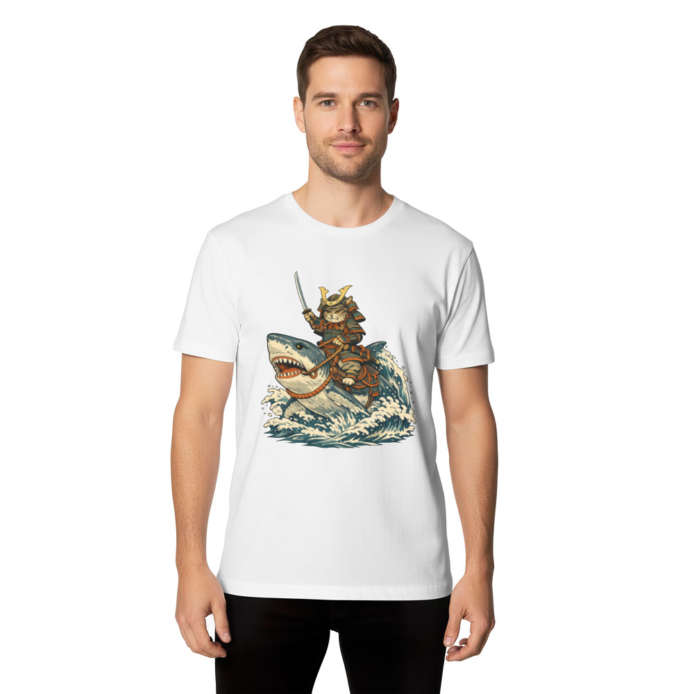 Shogun Cat Riding Shark Ukiyo-e Epic Gifts for Men Women Boy Kids T-Shirt
