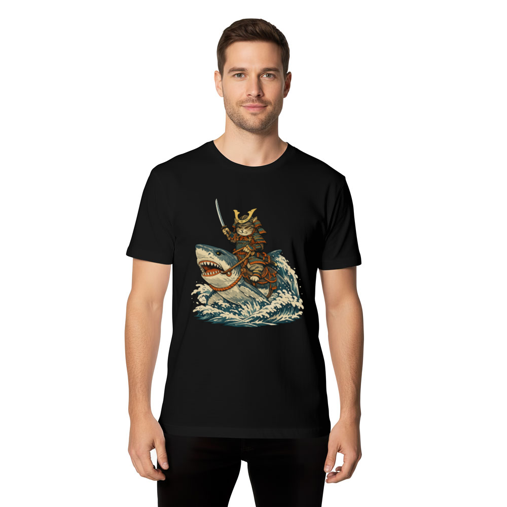 Shogun Cat Riding Shark Ukiyo-e Epic Gifts for Men Women Boy Kids T-Shirt