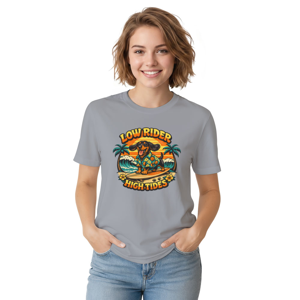 Low Rider High Tides Dachshund Retro 70s Surf Tee Orange Teal Graphic Funny Gifts for Men Women Boy Kids T-Shirt