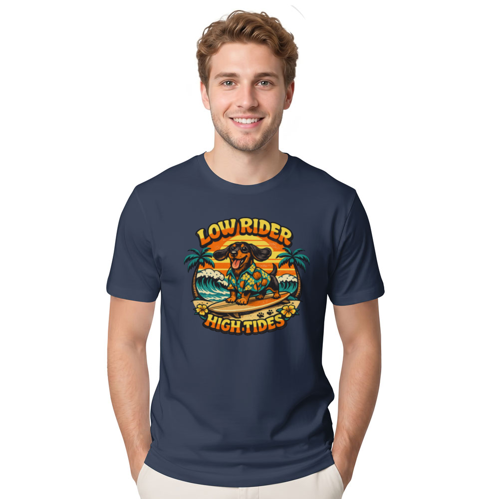 Low Rider High Tides Dachshund Retro 70s Surf Tee Orange Teal Graphic Funny Gifts for Men Women Boy Kids T-Shirt