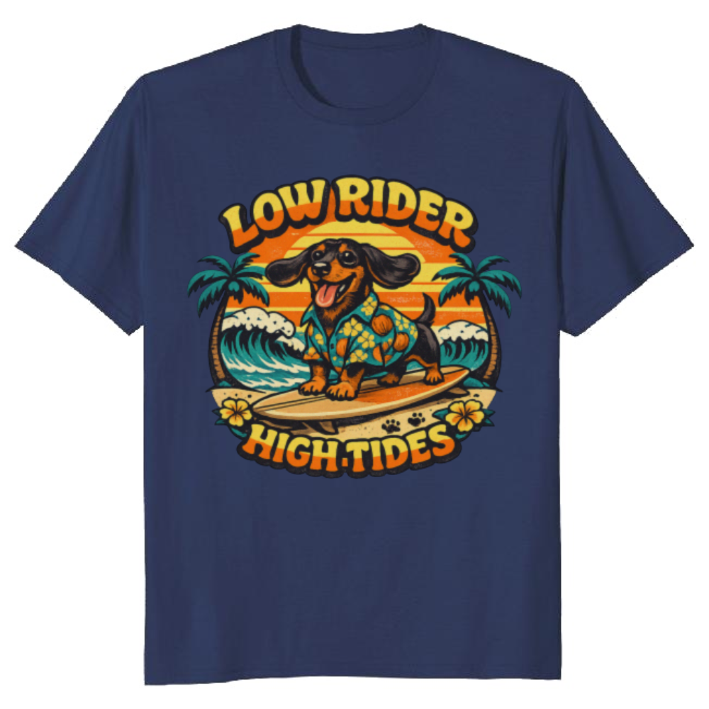 Low Rider High Tides Dachshund Retro 70s Surf Tee Orange Teal Graphic Funny Gifts for Men Women Boy Kids T-Shirt