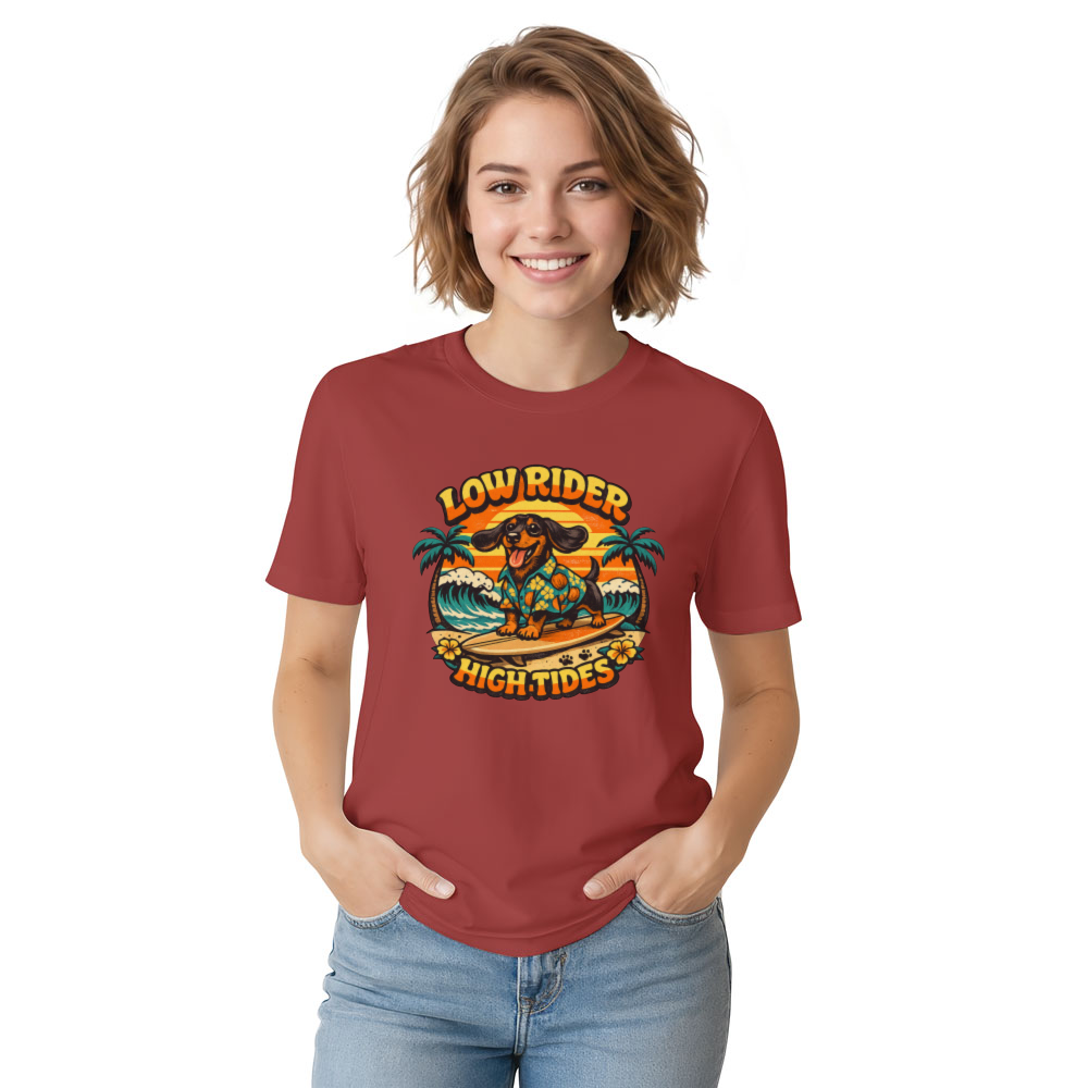 Low Rider High Tides Dachshund Retro 70s Surf Tee Orange Teal Graphic Funny Gifts for Men Women Boy Kids T-Shirt