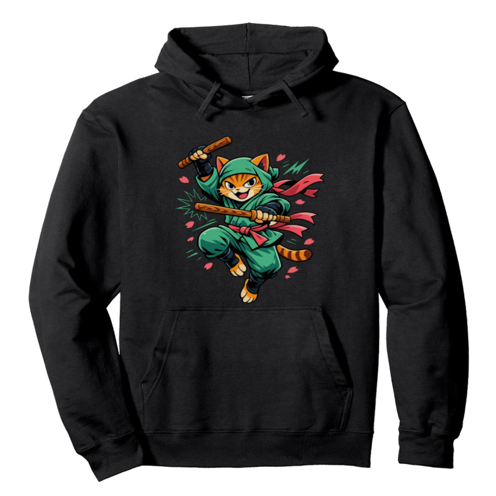 Retro Anime Ninja Cat Pullover Seafoam Green Orange Cute Gifts for Men Women Boy Kids Pull Over Hoodie