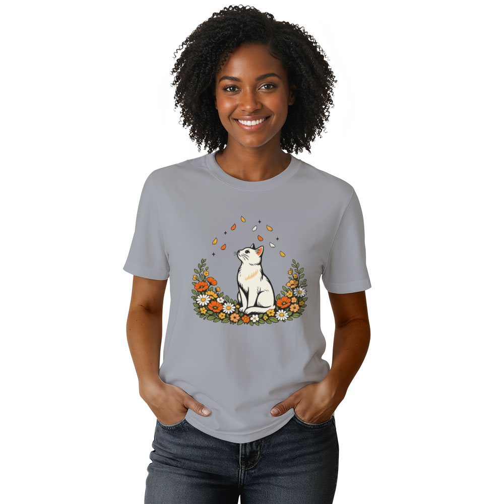 Elegant Cat T-Shirt Boho Botanical Petal Watcher Serene Whimsical Gifts for Men Women Boy Kids T-Shirt
