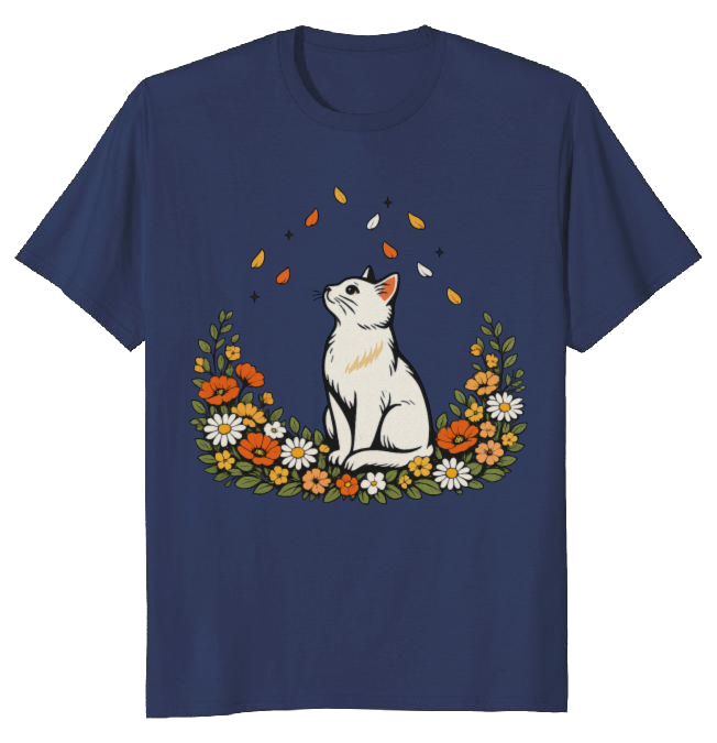 Elegant Cat T-Shirt Boho Botanical Petal Watcher Serene Whimsical Gifts for Men Women Boy Kids T-Shirt