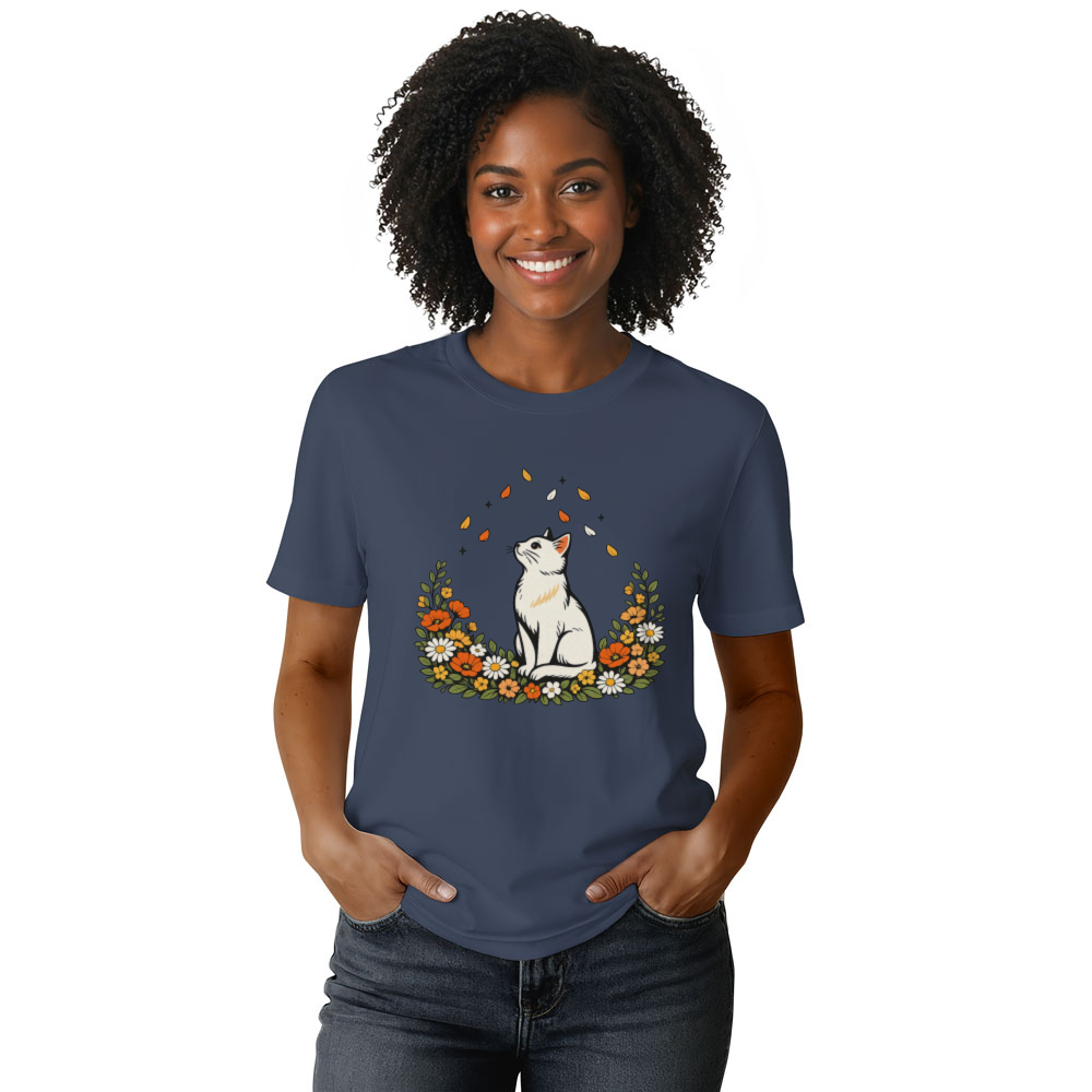 Elegant Cat T-Shirt Boho Botanical Petal Watcher Serene Whimsical Gifts for Men Women Boy Kids T-Shirt