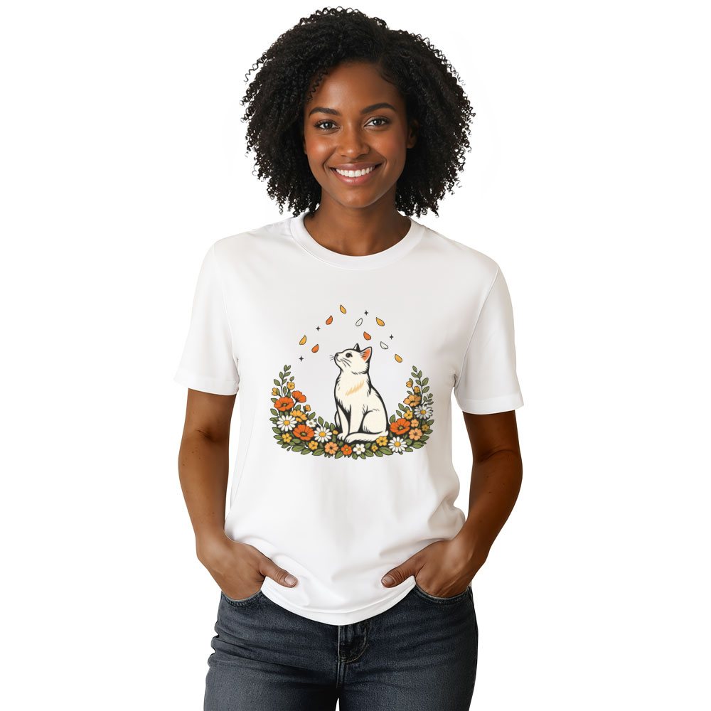 Elegant Cat T-Shirt Boho Botanical Petal Watcher Serene Whimsical Gifts for Men Women Boy Kids T-Shirt