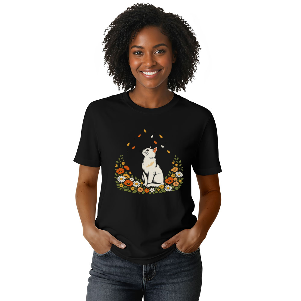 Elegant Cat T-Shirt Boho Botanical Petal Watcher Serene Whimsical Gifts for Men Women Boy Kids T-Shirt