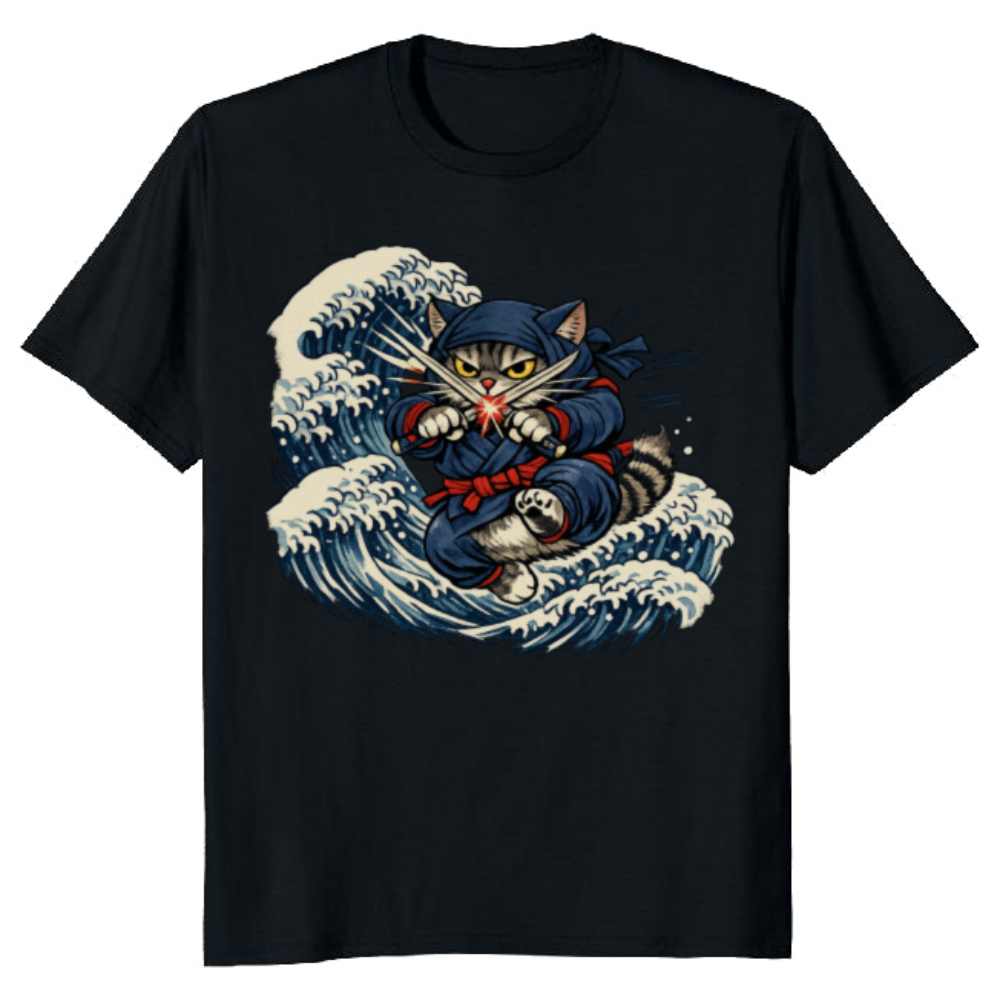 Ninja Cat Ukiyoe T-Shirt Great Wave Mashup Whimsical Gifts for Men Women Boy Kids T-Shirt