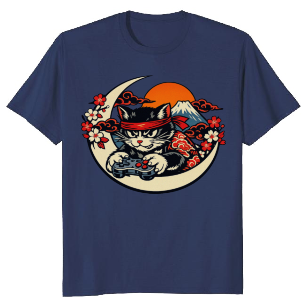Ukiyoe Gamer Cat Ronin T-Shirt Unique Gifts for Men Women Boy Kids T-Shirt