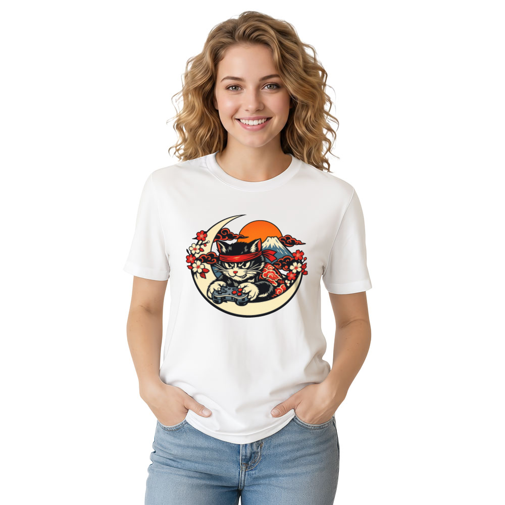 Ukiyoe Gamer Cat Ronin T-Shirt Unique Gifts for Men Women Boy Kids T-Shirt