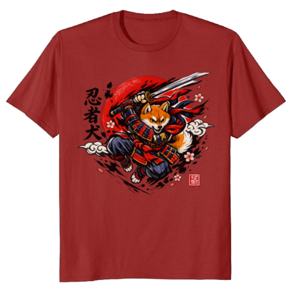 Crimson Leap Shiba Samurai T-Shirt Graphic, Rising Sun Japanese Warrior Cool Gifts for Men Women Boy Kids T-Shirt