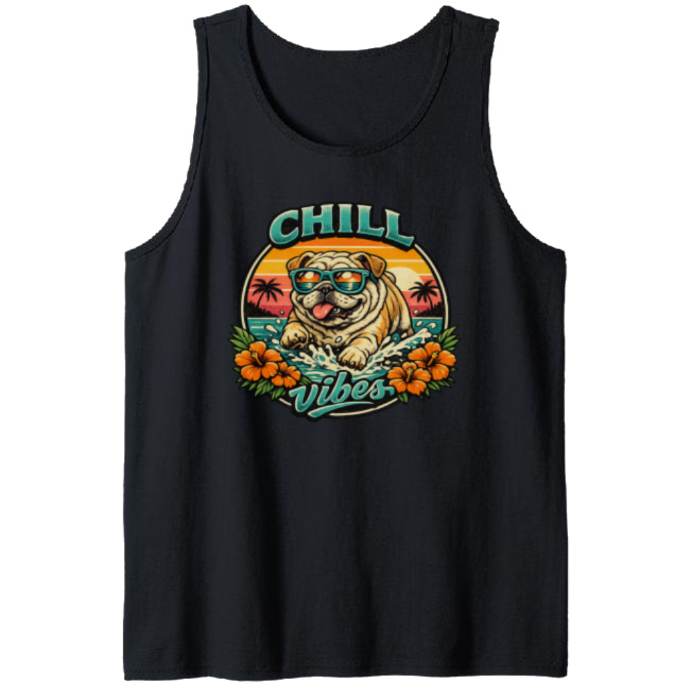 Retro Bulldog Surf Graphic Halftone Beach Sunset Chill Vibes Cute Gifts for Men Women Boy Kids Tank Top