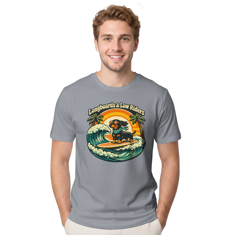 Surfing Dachshund Retro 70s Graphic Catch Waves Not Feelings - Funny Gifts for Men Women Boy Kids T-Shirt