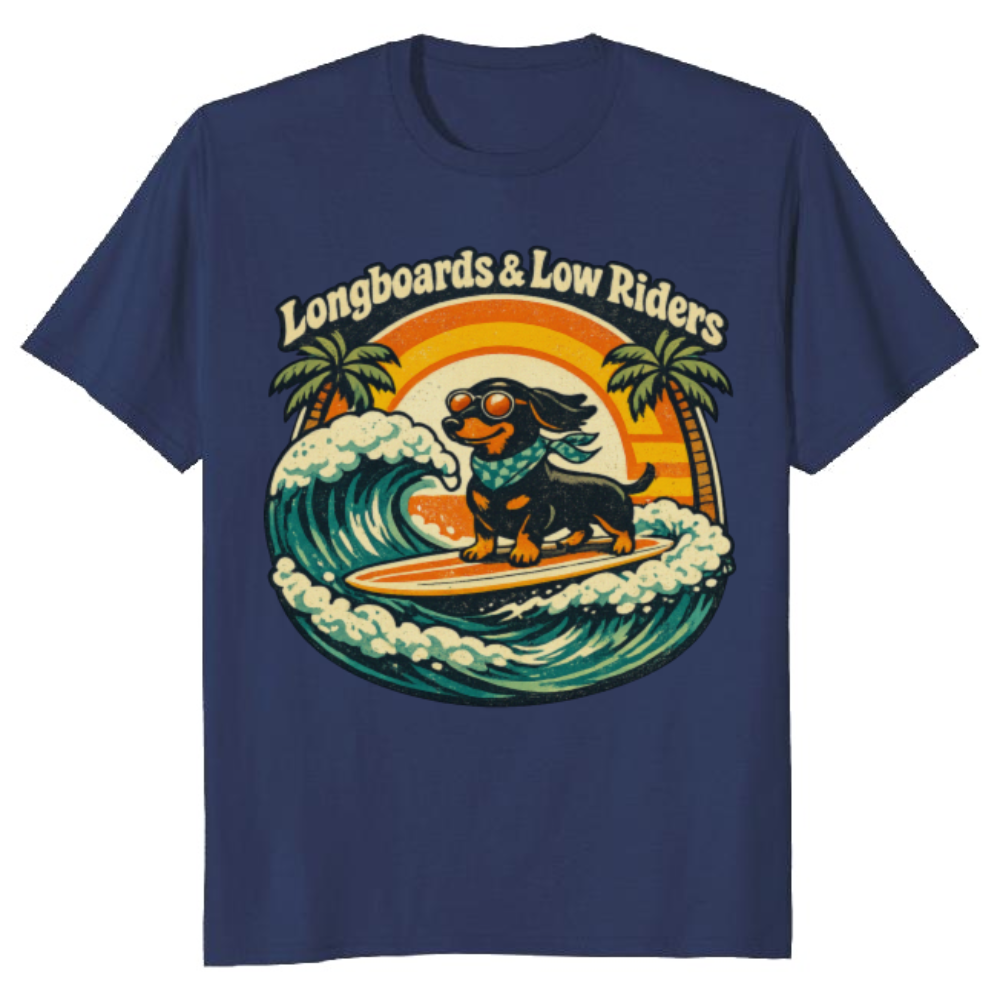 Surfing Dachshund Retro 70s Graphic Catch Waves Not Feelings - Funny Gifts for Men Women Boy Kids T-Shirt