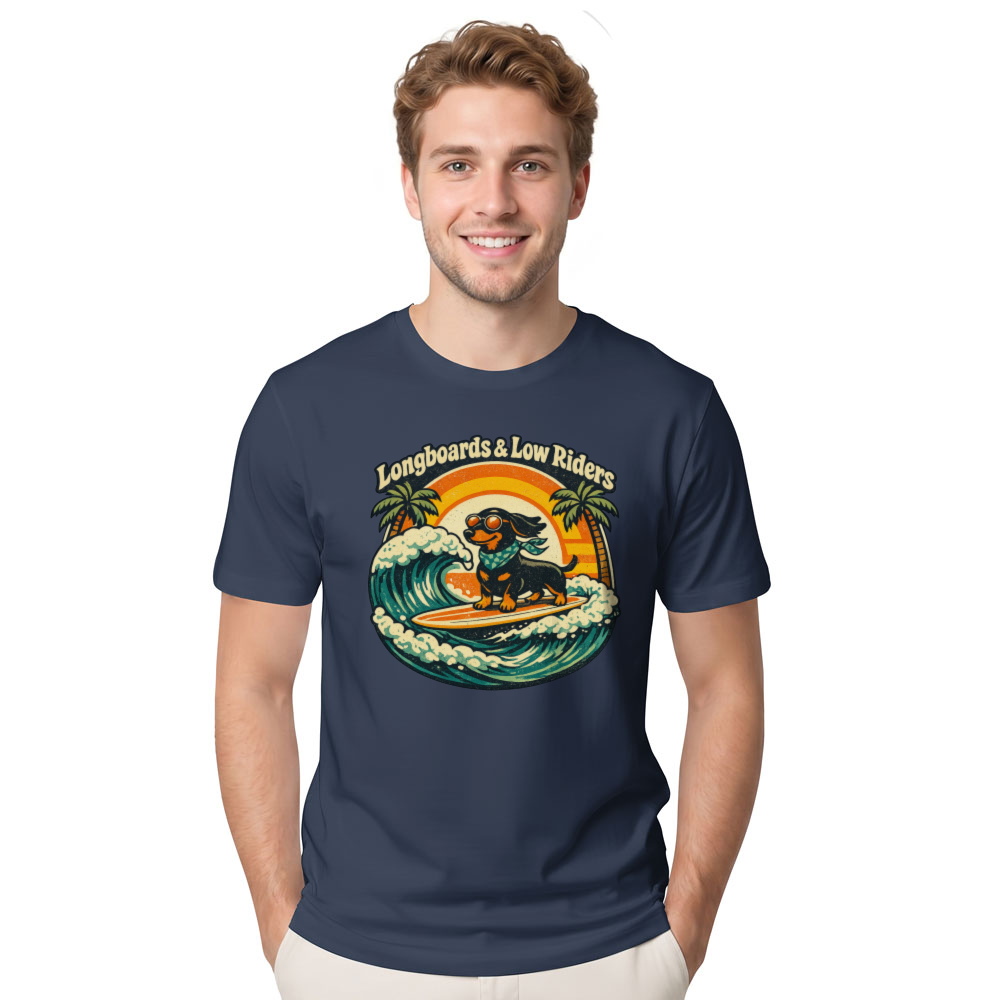 Surfing Dachshund Retro 70s Graphic Catch Waves Not Feelings - Funny Gifts for Men Women Boy Kids T-Shirt