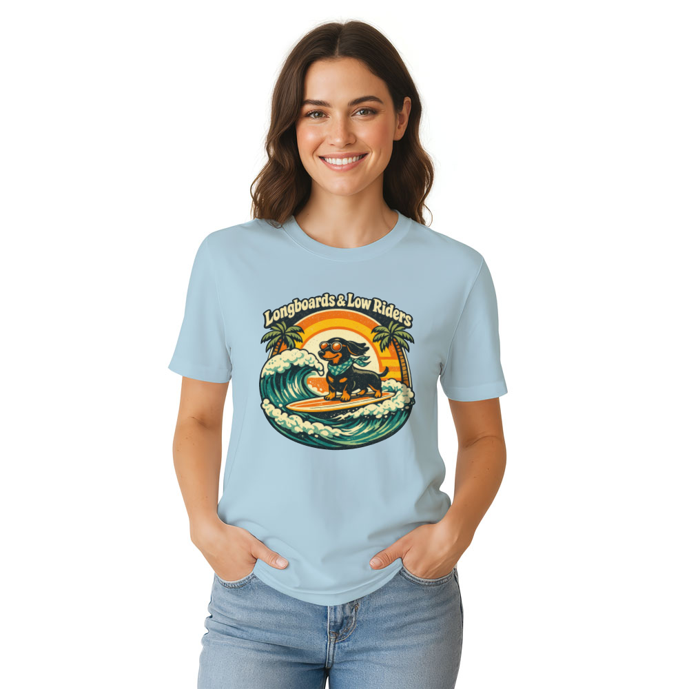 Surfing Dachshund Retro 70s Graphic Catch Waves Not Feelings - Funny Gifts for Men Women Boy Kids T-Shirt