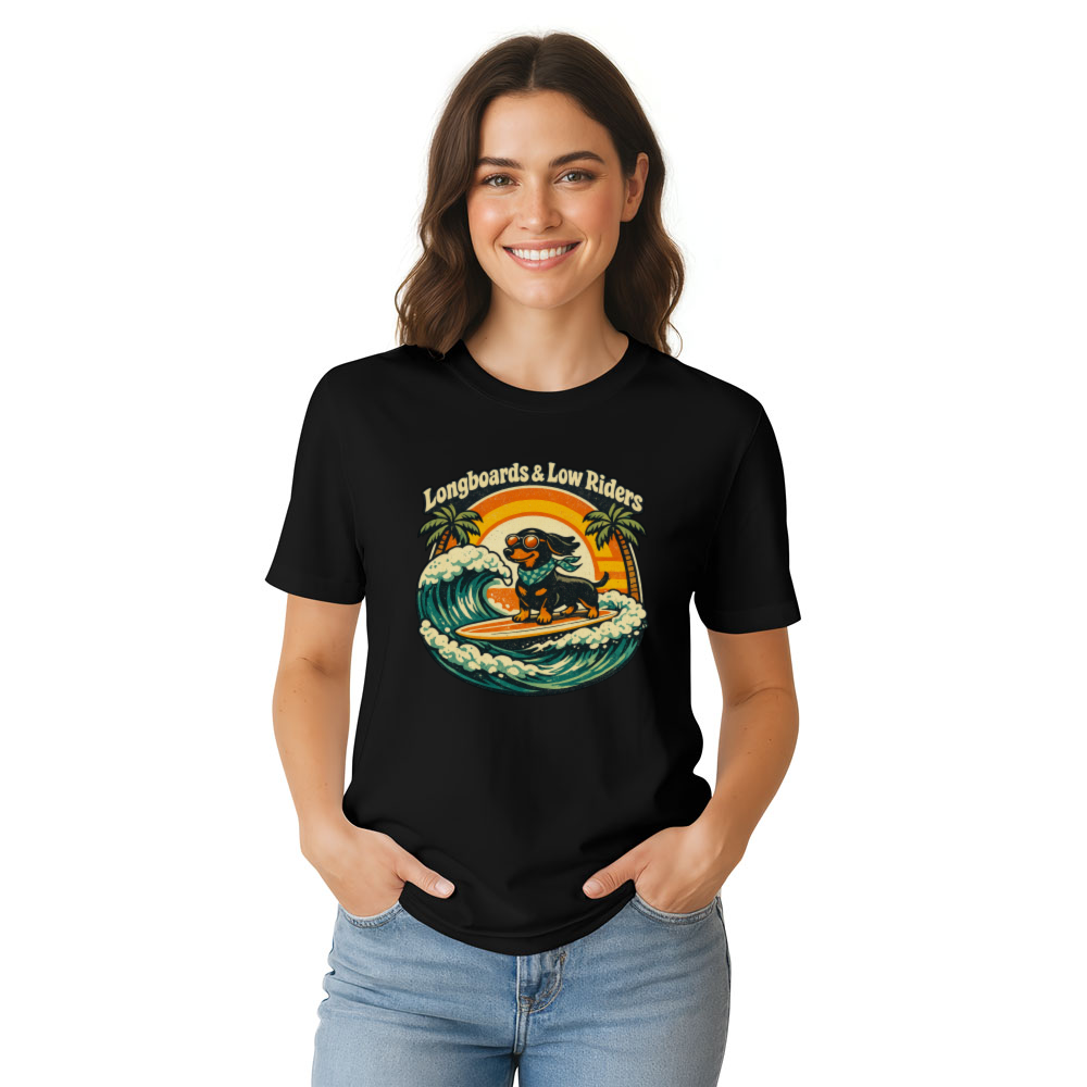 Surfing Dachshund Retro 70s Graphic Catch Waves Not Feelings - Funny Gifts for Men Women Boy Kids T-Shirt