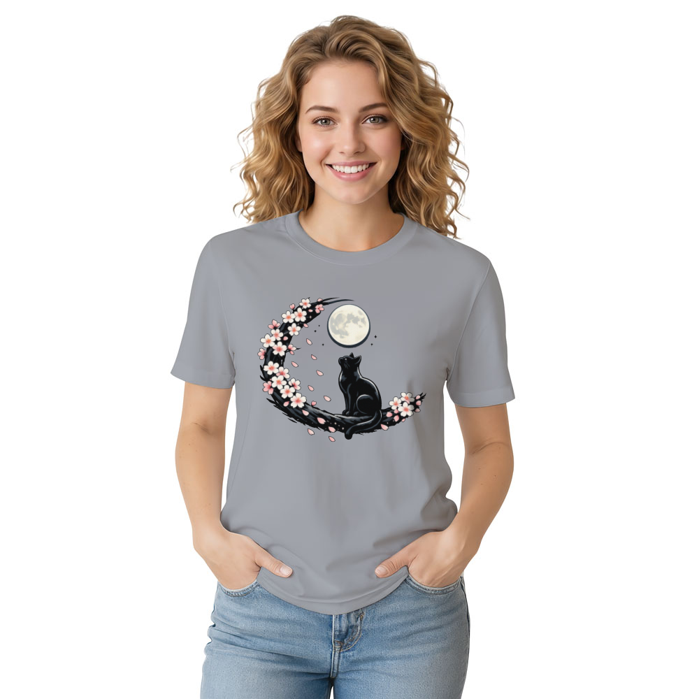 Moonlit Sakura Feline T-Shirt For Night Cat Lovers Serene Gifts For Men Women Boy Kids T-Shirt