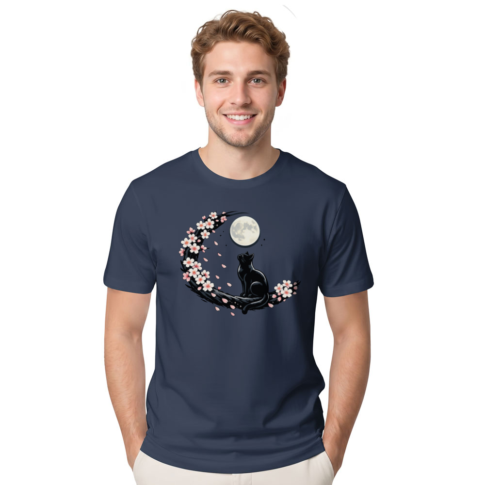 Moonlit Sakura Feline T-Shirt For Night Cat Lovers Serene Gifts For Men Women Boy Kids T-Shirt