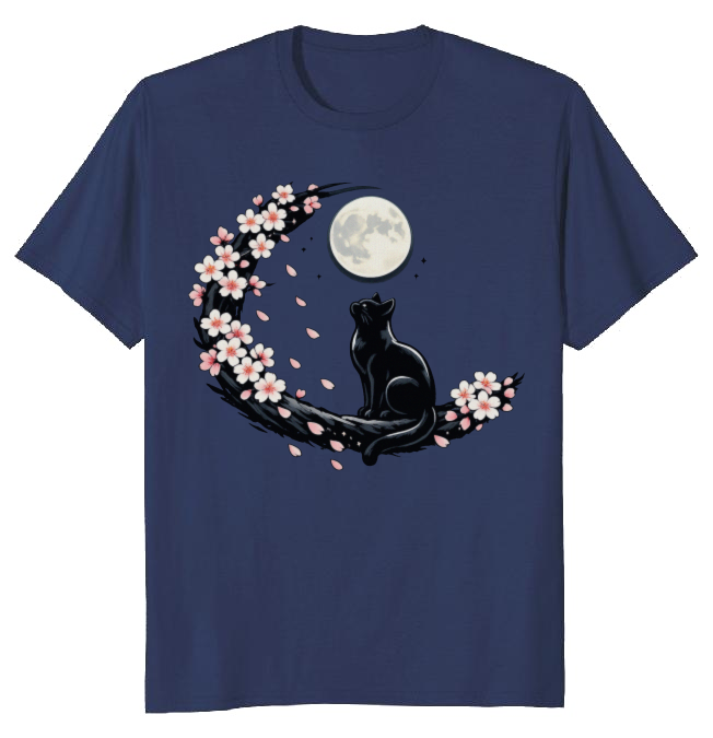 Moonlit Sakura Feline T-Shirt For Night Cat Lovers Serene Gifts For Men Women Boy Kids T-Shirt