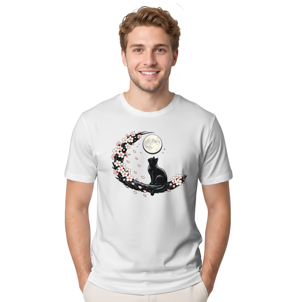 Moonlit Sakura Feline T-Shirt For Night Cat Lovers Serene Gifts For Men Women Boy Kids T-Shirt